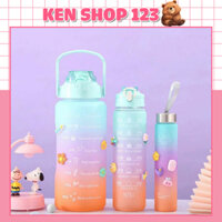 Set 3 Bình Nước Nhựa Cao Cấp, Màu Xinh Có Vạch Báo Giờ Uống, Bình Nước Dành Cho Mùa Hè Dung Tích 2L,1L,300ML - Ken Shop1