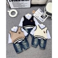 sét 3 chi tiết áo sơ mi thô lụa+ aoa ghi lê len + quan jeans sai 10-26kg
