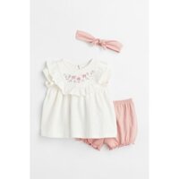 Set 3 chi tiết bộ cộc thô xốp kèm băng đô thêu hoa ngực bé gái 9-20kg (có ảnh thật)