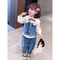set 3 chi tiết: quần bò, áo gile, áo sơ mi bé
