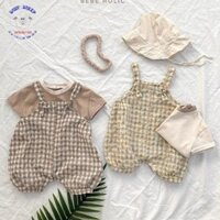 Set 3 chi tiết yếm rời caro kèm áo thun tay ngắn+mũ tròn kiểu dáng Hàn Quốc cho bé trai bé gái-Hàng cao cấp loại 1