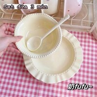 Sét 3 đĩa kèm bát thìa sứ màu be sữa 🌸