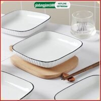 SET 3 Đĩa sứ vuông trắng viền đen Seka sang trọng, Đĩa Sứ trắng đẹp size 22cm, sâu 3.7cm