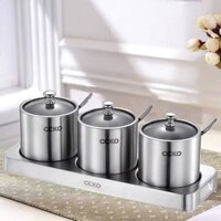 Set 3 hũ đựng gia vị CCKO inox 304 nắp thủy tinh kèm khay