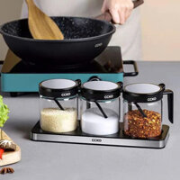 Set 3 hũ đựng gia vị thủy tinh CCKO có tay cầm kèm khay