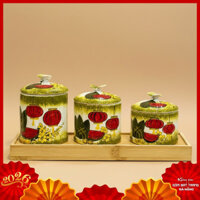 Set 3 Hũ Mứt Họa Tiết Đèn Lồng Hoa Mai Dưa Hấu Vẽ Kỹ BT-HM36