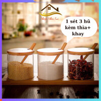 Set 3 hũ thủy tinh nắp gỗ cao cấp Kèm khay kèm thìa