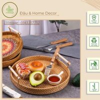 Set 3 Khay Mây Tre Đan Kết Hợp Gỗ Hoạ Tiết Xinh, Khay Đựng Đồ Ăn, Khay Bưng Đồ Bồi Bàn - KM01 - J.Vintage