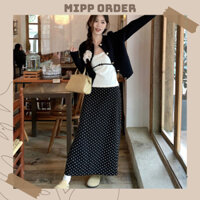 Set 3 món áo 2 dây cardigan khoác ngoài chân váy xẻ sau dáng dài hoạ tiết chấm bi phong cách Hàn Quốc thời trang cho Nữ