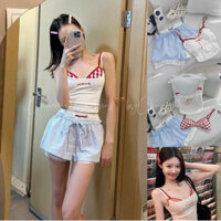 Set 3 Món Áo 2 Dây Kèm Bra Caro Đỏ Mix Quần Short Xanh Phối Ren Trắng