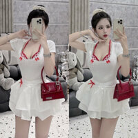 Set 3 Món Áo Bra Caro Đỏ + Áo Thun Trắng Gân U Tay Ngắn Nơ Đỏ + Chân Váy Trắng Tầng Có Lót Quần Đính Nơ Đỏ