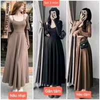 Set 3 món áo croptop hai dây mix chân váy kèm áo khoác vải thun gân 574 Nữ Kem Women