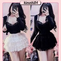Set 3 Món Áo Hai Dây Mud Viền Ren + Chân Váy Ren Tầng Có Lót Quần + Khoác Ngắn Croptop