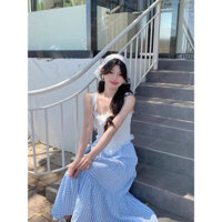 Set 3 món áo hai dây trắng chân váy xoè màu xanh kèm khăn đội đầu đi biển