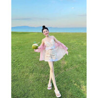 Set 3 món áo khoác voan tơ kèm bra cổ yếm có mút và quần short phối ren- ann9399