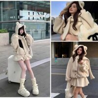 Set 3 Món Áo Nỉ Bông Kèm Chân Váy Mix Mũ Tai gấu Siêu Dễ Thương Hamystore97