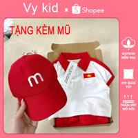 Set 3 món áo polo cờ đỏ sao vàng Vy Kid quần+mũ lưỡi trai đỏ,bộ polo hoạ tiết cờ đỏ sao vàng diện lễ, cổ vũ thể thao