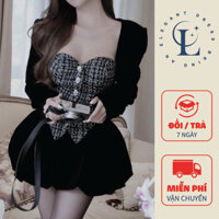 Set 3 Món Áo Quây Dạ Cup Ngực Sang Trọng Mix Áo Khoác Nhung + Chân Váy Nhung Dáng Bom ( Thiết Kế )