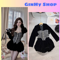 Set 3 Món Áo Quây Dạ Cup Ngực Mix Áo Khoác Nhung + Chân Váy Nhung Dáng Bom Hàng 2 Lớp Sang Chảnh kèm ảnh thật