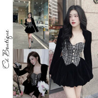 Set 3 món áo quây dạ kèm mút ngực + khoác nhung+ quần nhung bí cá tính quyến rũ