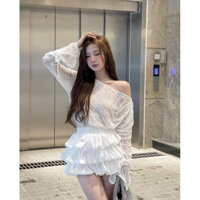 Set 3 Món Áo Ren Tay Dài Lệch Vai Thắt Nơ + Chân Váy Tầng Bồng Dáng Ngắn