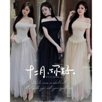 Set 3 món áo ren trễ vai phối chân váy voan dài xòe 2 lớp kèm dây cột đính hoa phong cách tiểu thư , công chúa