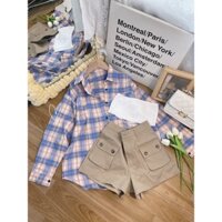 SET 3 MÓN: ÁO SƠ MI CARO XANH TÍM + ÁO CROPTOP ỐNG TRẮNG + QUẦN SHORT KEM TÚI HỘP