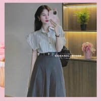 Set 3 món áo sơ mi kẻ chất đũi mát mix chân váy thô mềm dáng dài xếp ly kèm đai da