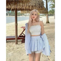 Set 3 món áo sơ mi tay dài phối áo 2 dây cúp ngực viền bèo trắng kèm quần short giả chân váy sọc xanh viền hoa