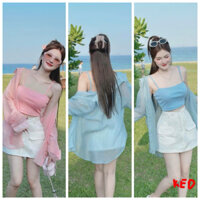 Set 3 món áo tăm hai dây phối chân váy kaki lưng thun  có lót quần chữ A kèm khoác tơ gãy _Keo coltthing