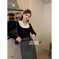 Set 3 món áo thun dài tay, chân váy dài xẻ tà kèm thắt lưng siêu xinh