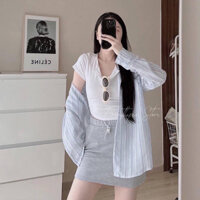 Set 3 Món Áo Thun Ôm Body Croptop Phối Áo Khoác Kẻ Xanh Form Rộng Xinh Xắn Mix Chân Váy Dáng Ngắn Ôm Dáng Body Trẻ Trung