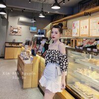 Set 3 món áo trễ vai hoa cúc + chân váy +choker Áo hoa