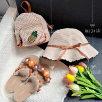 Set 3 món : Balo cói dứa, mũ nơ, dép cói đi biển