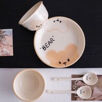 Set 3 món Bát Đĩa thìa Sứ Hình Gấu Bear, Men Sáng Đẹp An Toàn tuyệt đối, có thể sử dụng cho lovisong