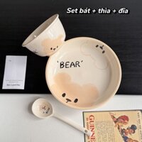 Set 3 món Bát Đĩa thìa Sứ Hình Gấu Bear, Men Sáng Đẹp An Toàn khi sử dụng với Máy Rửa Bát