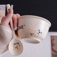 Set 3 món Bát Đĩa thìa Sứ Hình Gấu Bear, Men Sáng Đẹp An Toàn khi sử dụng với Máy Rửa Bát