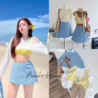 Set 3 món: chân váy ziczac xanh biển + áo vàng + áo trắng đính hoa tay dài