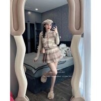 Set 3 Món Dạ Kẻ Hồng Áo Gile Dạ Lông Thỏ Mix Áo Len Tăm Cổ Lọ + Chân Váy Xếp Ly