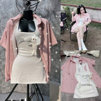 SET 3 MÓN Đầm Ba Lỗ BODY + KHOÁC Tay Ngắn Lờ Vê KÈM GẤU BỰ