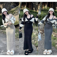 Set 3 món đầm body thun gân đũa 2 dây phối áo khoác cố V tay dài croptop