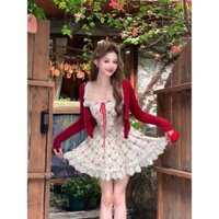 Set 3 món đầm đũi thô hoa phối ren thêu bèo 2 lớp mút ngực kèm áo khoác tăm tiu có quần rời thiết kế dễ thương