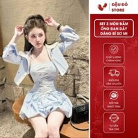 Set 3 Món Đầm Ống Cúp Ngực Dan Dây Có Mút Dáng Bí Họa Tiết Nơ Kèm Áo Khoác Sơ Mi Sọc Xanh By Đậu Đỏ Store