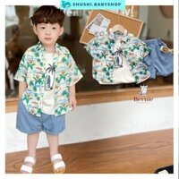 Set 3 món đi biển họa tiết cây dừa áo sơ mi áo ba lỗ quần short cho bé trai size 1 tới 7t SHUSHIBABY