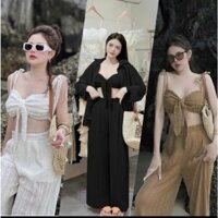 Sét 3 món đi biển outfit mùa hè siêu hót sét len ren áo bra 2 dây cột nơ phối quần suông dài kèm khoác sơ mi from rộng