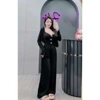 Set 3 món gồm áo 2s đính nơ có mút phối quần dài ống rộng kèm áo khoác tay dài giá siêu hot