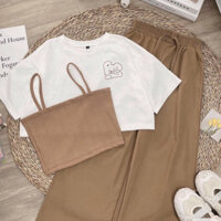 Set 3 món gồm quần ống rộng dáng suông, áo phông croptop và áo thun hai dây chất liệu cotton thun thoáng siêu xinh