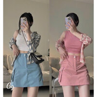 SET 3 MÓN Hồng Áo Ba Lỗ Croptop + Khoác Sơ Mi Đũi Caro + Chân Váy A Kaki Túi Hộp