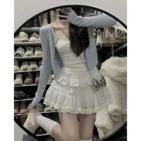 SET 3 MÓN: KHOÁC XANH TAY DÀI + CROP 2S TRẮNG VIỀN REN + CHÂN VÁY REN TẦNG TANI-I