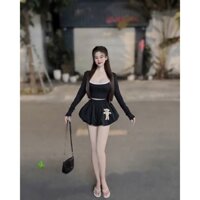 Set 3 món siêu hot gồm áo 2 dây viền mix áo khoác dài tay kèm quần bí có gấu giá siêu rẻ